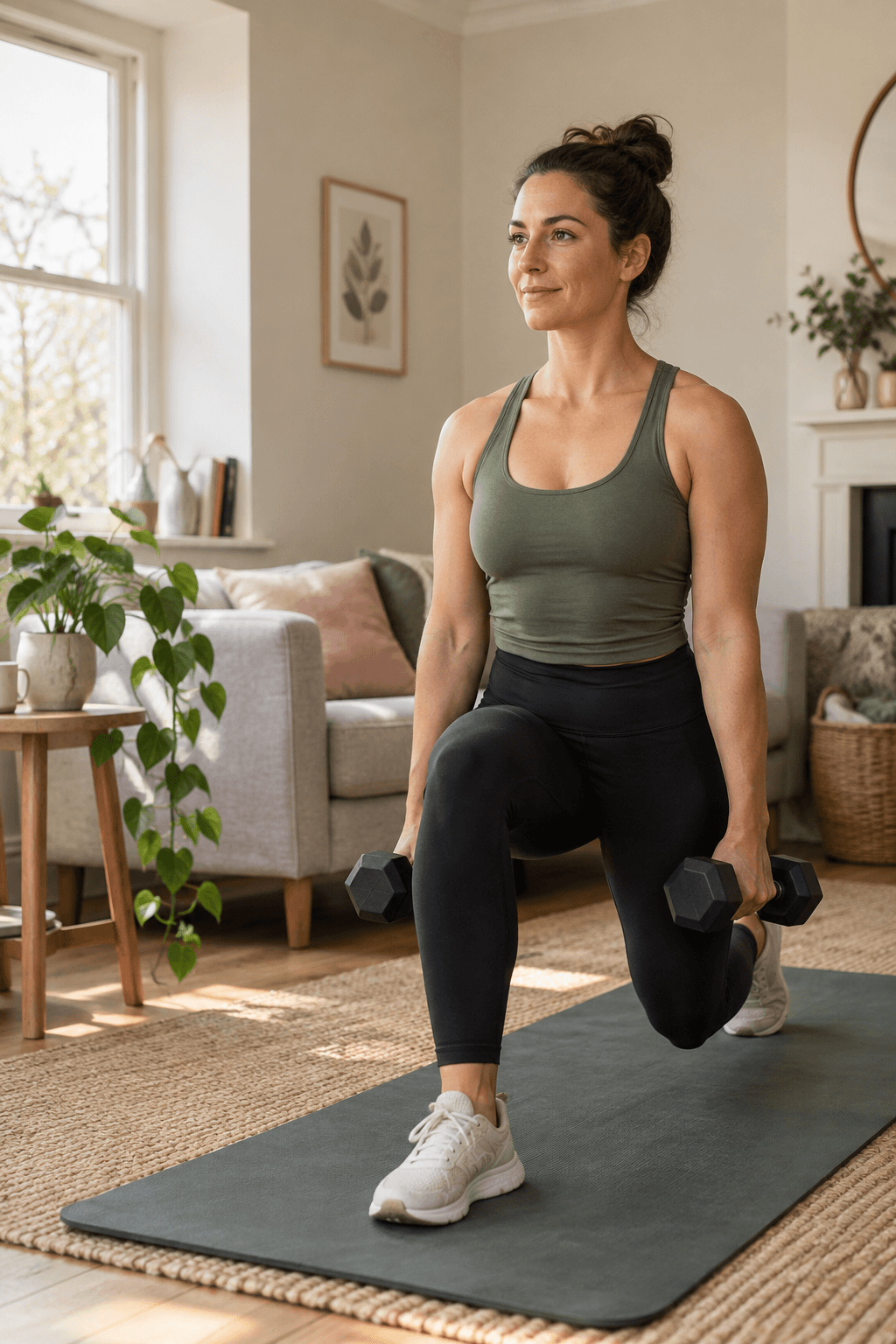 Woman strength training with a dumbbell at home